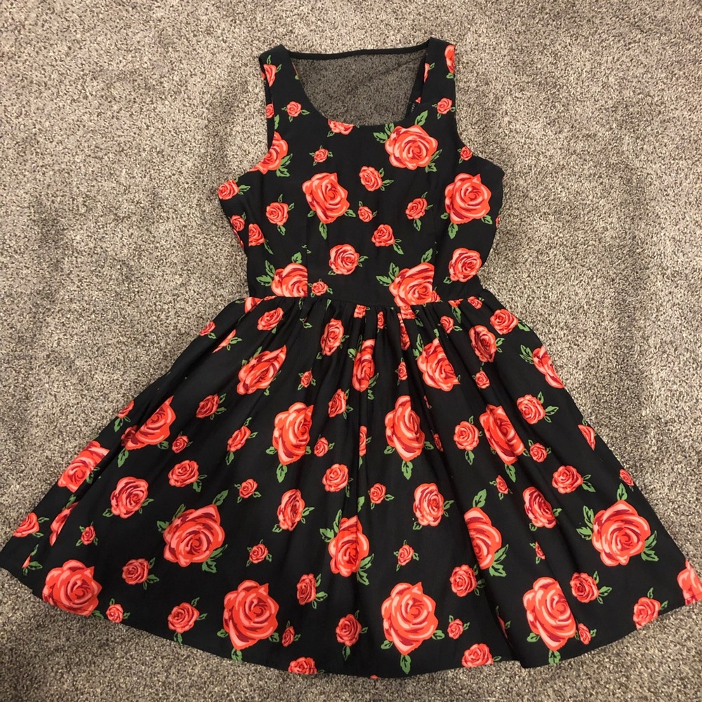 Red Rose, Floral Holiday Dress with Open Back
